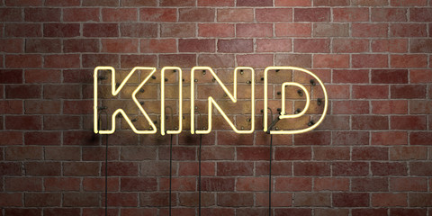KIND - fluorescent Neon tube Sign on brickwork - Front view - 3D rendered royalty free stock picture. Can be used for online banner ads and direct mailers..