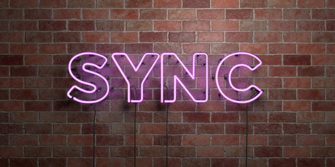Fototapeta na wymiar SYNC - fluorescent Neon tube Sign on brickwork - Front view - 3D rendered royalty free stock picture. Can be used for online banner ads and direct mailers..