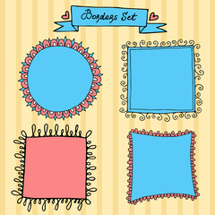 Doodle hand drawn frame border round and square vector set