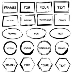 Set with black watercolor frames in grunge style. Vector design elements 