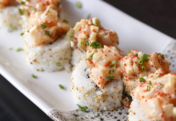 Scallop sushi with mentaiko sauce