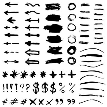 Set with different black watercolor symbols, objects. Hand drawn illustration, vector elements.