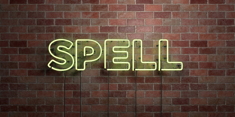 SPELL - fluorescent Neon tube Sign on brickwork - Front view - 3D rendered royalty free stock picture. Can be used for online banner ads and direct mailers..