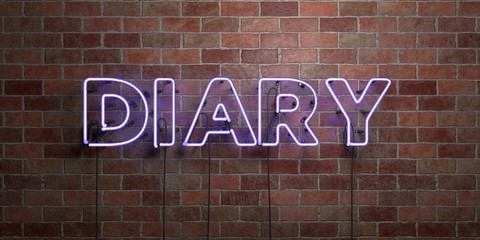 DIARY - fluorescent Neon tube Sign on brickwork - Front view - 3D rendered royalty free stock picture. Can be used for online banner ads and direct mailers..
