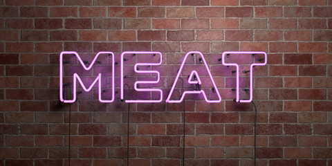 MEAT - fluorescent Neon tube Sign on brickwork - Front view - 3D rendered royalty free stock picture. Can be used for online banner ads and direct mailers..