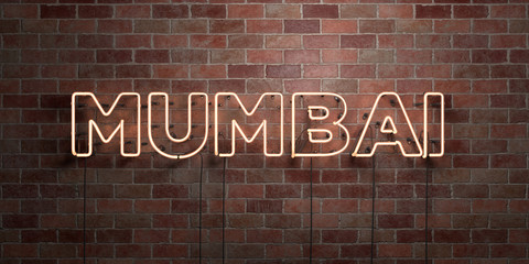 MUMBAI - fluorescent Neon tube Sign on brickwork - Front view - 3D rendered royalty free stock picture. Can be used for online banner ads and direct mailers..