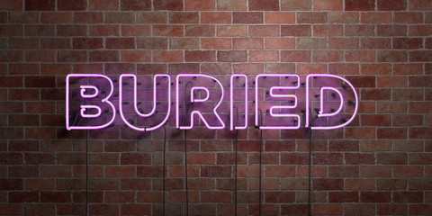 Fototapeta na wymiar BURIED - fluorescent Neon tube Sign on brickwork - Front view - 3D rendered royalty free stock picture. Can be used for online banner ads and direct mailers..