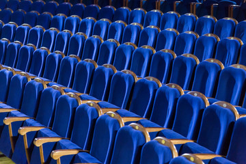Rows of blue seats in the auditorium. Theater, cinema or circus.