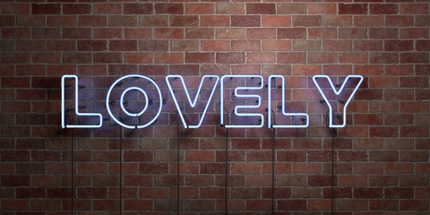 LOVELY - fluorescent Neon tube Sign on brickwork - Front view - 3D rendered royalty free stock picture. Can be used for online banner ads and direct mailers..