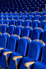 Rows of blue seats in the auditorium. Theater, cinema or circus.