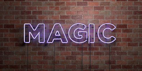 MAGIC - fluorescent Neon tube Sign on brickwork - Front view - 3D rendered royalty free stock picture. Can be used for online banner ads and direct mailers..