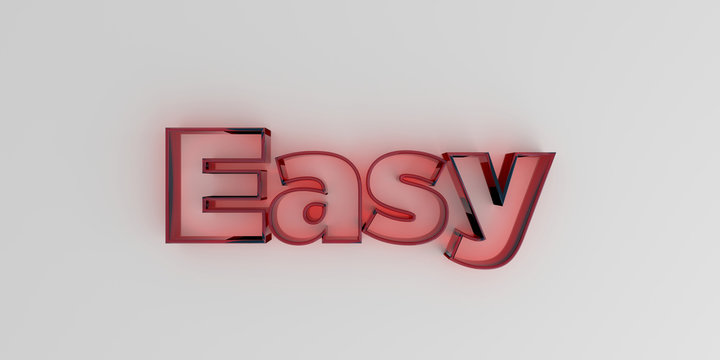 Easy - Red glass text on white background - 3D rendered royalty free stock image.