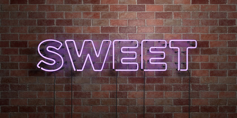 SWEET - fluorescent Neon tube Sign on brickwork - Front view - 3D rendered royalty free stock picture. Can be used for online banner ads and direct mailers..