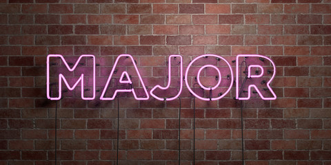 MAJOR - fluorescent Neon tube Sign on brickwork - Front view - 3D rendered royalty free stock picture. Can be used for online banner ads and direct mailers..