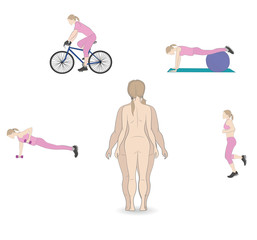 silhouette fat and slim woman, before and after weight loss. exercises gain or lose weight. vector illustration.