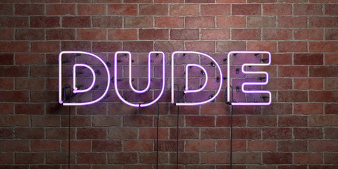 DUDE - fluorescent Neon tube Sign on brickwork - Front view - 3D rendered royalty free stock picture. Can be used for online banner ads and direct mailers..
