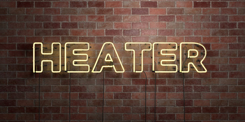 HEATER - fluorescent Neon tube Sign on brickwork - Front view - 3D rendered royalty free stock picture. Can be used for online banner ads and direct mailers..