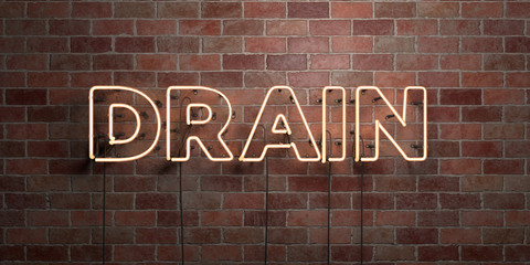 DRAIN - fluorescent Neon tube Sign on brickwork - Front view - 3D rendered royalty free stock picture. Can be used for online banner ads and direct mailers..