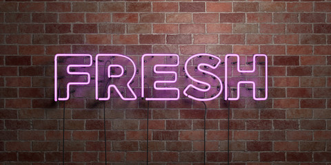 FRESH - fluorescent Neon tube Sign on brickwork - Front view - 3D rendered royalty free stock picture. Can be used for online banner ads and direct mailers..