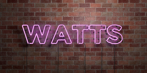 WATTS - fluorescent Neon tube Sign on brickwork - Front view - 3D rendered royalty free stock picture. Can be used for online banner ads and direct mailers..