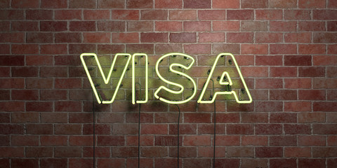 Fototapeta premium VISA - fluorescent Neon tube Sign on brickwork - Front view - 3D rendered royalty free stock picture. Can be used for online banner ads and direct mailers..