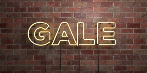 GALE - fluorescent Neon tube Sign on brickwork - Front view - 3D rendered royalty free stock picture. Can be used for online banner ads and direct mailers..