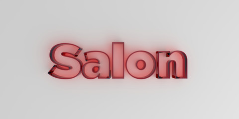 Salon - Red glass text on white background - 3D rendered royalty free stock image.