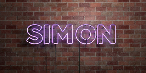 SIMON - fluorescent Neon tube Sign on brickwork - Front view - 3D rendered royalty free stock picture. Can be used for online banner ads and direct mailers..