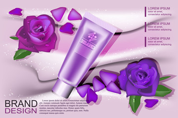 Pattern cosmetic advertising, cosmetic empty layout with purple, cream and rose cosmetic bottle, tube.