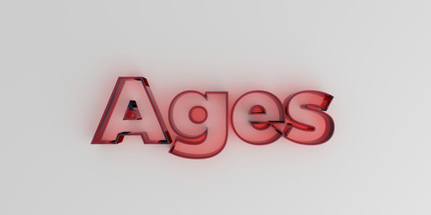 Ages - Red glass text on white background - 3D rendered royalty free stock image.