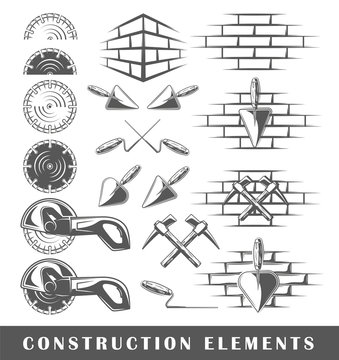 Set of silhouettes of a construction elements, isolated on a white background. Vector illustration