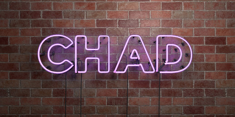 CHAD - fluorescent Neon tube Sign on brickwork - Front view - 3D rendered royalty free stock picture. Can be used for online banner ads and direct mailers..