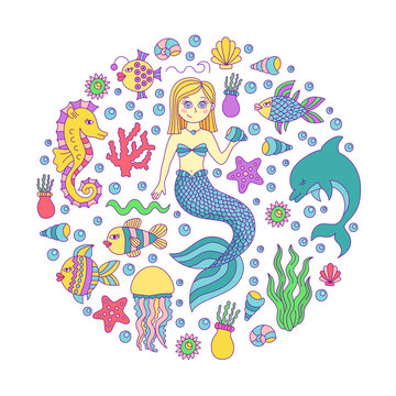 Mermaid underwater sea ocean symbols doodle colorful drawing vector set