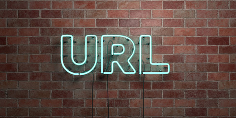 URL - fluorescent Neon tube Sign on brickwork - Front view - 3D rendered royalty free stock picture. Can be used for online banner ads and direct mailers.. - obrazy, fototapety, plakaty