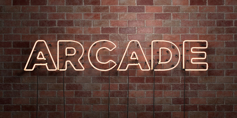ARCADE - fluorescent Neon tube Sign on brickwork - Front view - 3D rendered royalty free stock picture. Can be used for online banner ads and direct mailers..