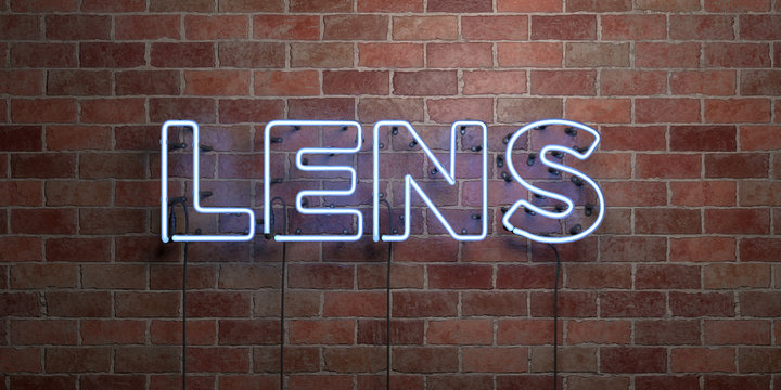 LENS - fluorescent Neon tube Sign on brickwork - Front view - 3D rendered royalty free stock picture. Can be used for online banner ads and direct mailers..
