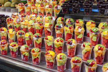 fruit salads at the boqueria market in barcelona