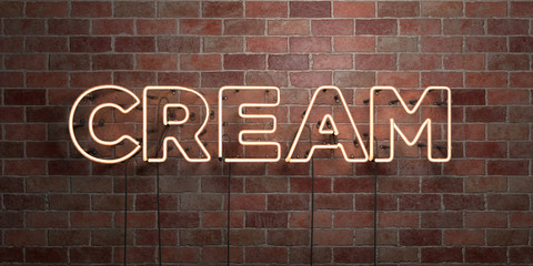 CREAM - fluorescent Neon tube Sign on brickwork - Front view - 3D rendered royalty free stock picture. Can be used for online banner ads and direct mailers..