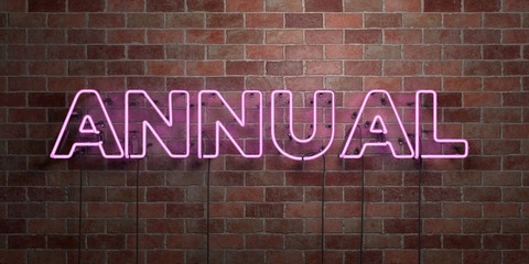 ANNUAL - fluorescent Neon tube Sign on brickwork - Front view - 3D rendered royalty free stock picture. Can be used for online banner ads and direct mailers..