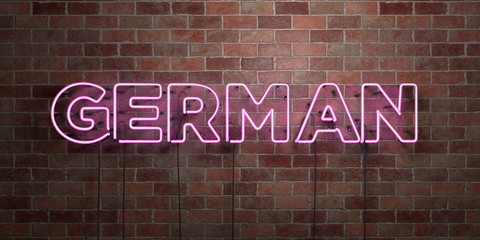 GERMAN - fluorescent Neon tube Sign on brickwork - Front view - 3D rendered royalty free stock picture. Can be used for online banner ads and direct mailers..