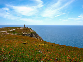 Fototapeta na wymiar Cabo da Roca cape with blue ocean and sky in Portugal 青空のロカ岬遠景と青い海