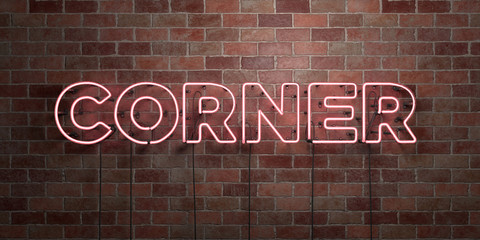 CORNER - fluorescent Neon tube Sign on brickwork - Front view - 3D rendered royalty free stock picture. Can be used for online banner ads and direct mailers..