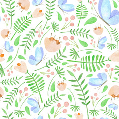 Watercolor floral pattern with blue butterflies green leaves red berries and orange flowers on white background