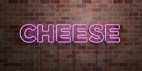 CHEESE - fluorescent Neon tube Sign on brickwork - Front view - 3D rendered royalty free stock picture. Can be used for online banner ads and direct mailers..