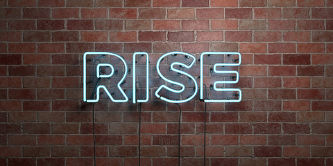 Fototapeta na wymiar RISE - fluorescent Neon tube Sign on brickwork - Front view - 3D rendered royalty free stock picture. Can be used for online banner ads and direct mailers..