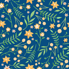 Watercolor floral pattern with yellow flowers berries and green leaves on dark blue background
