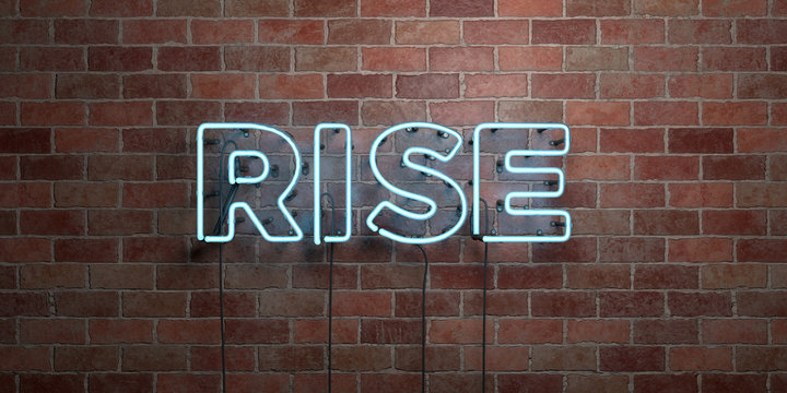RISE - fluorescent Neon tube Sign on brickwork - Front view - 3D rendered royalty free stock picture. Can be used for online banner ads and direct mailers..