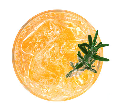 Orange Juice Soda Cocktail With Rosemary Top View Isolated On White Background, Clipping Path Included