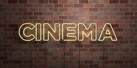 CINEMA - fluorescent Neon tube Sign on brickwork - Front view - 3D rendered royalty free stock picture. Can be used for online banner ads and direct mailers..