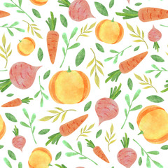Watercolor vegetable pattern with orange carrot pink beetroot yellow pumpkin yellow and green leaves on white background